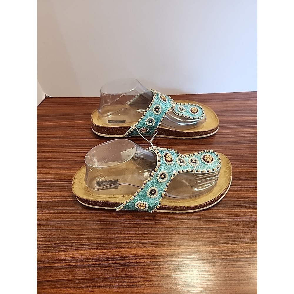 Xhilaration Thalia Womens 9 Turquoise Sequin Thong Slide Sandals - Picture 2 of 5